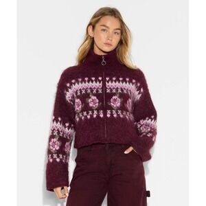 Women's Size Large Full Zip Mock Turtleneck Cardigan Wild Fable Burgundy Floral